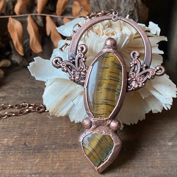 Electroformed Copper Tiger Eye Moon Pendant Necklace - Sacred Altar Wiccan - Picture 1 of 4